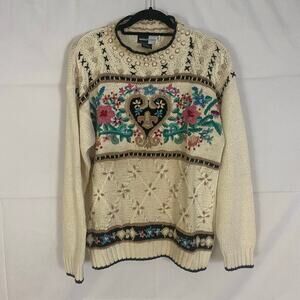 Vintage 80s Beldoch Popper Floral Heart Embroidered Sweater Romantic Grandmacore